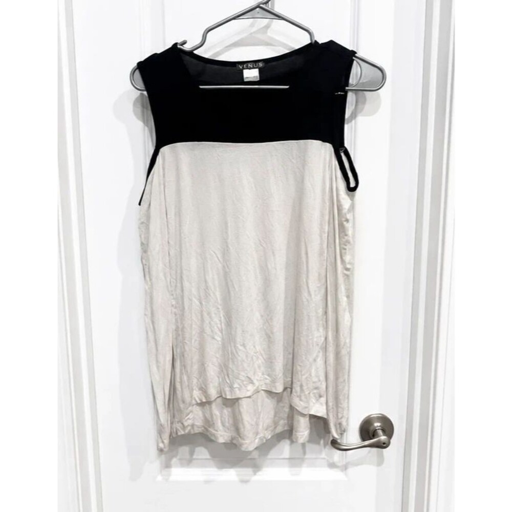 VENUS Women’s XS Black & White Cold Shoulder Long Sleeve Tunic Top